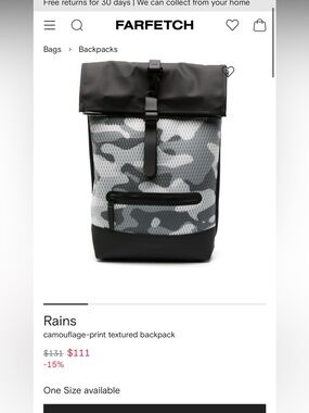 Rains Black and Gray Camo Roll-Top Backpack